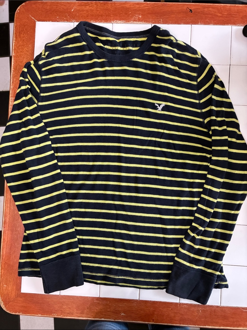 American Eagle Outfitters Navy and Yellow Striped Long-Sleeve Shirt